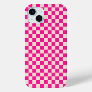 Hot pink and tan chequerboard pattern iPhone 15 mini case