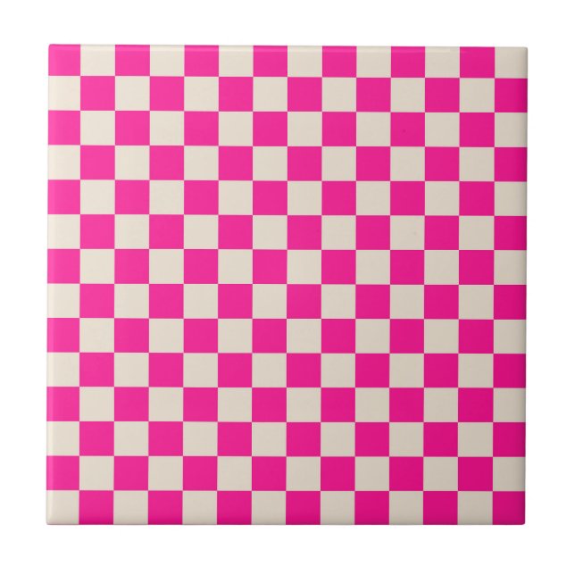 Hot pink and tan chequerboard pattern ceramic tile (Front)