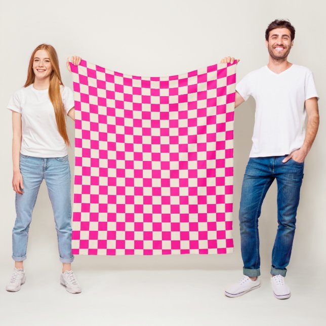 Hot pink and tan chequerboard pattern fleece blanket (In Situ)