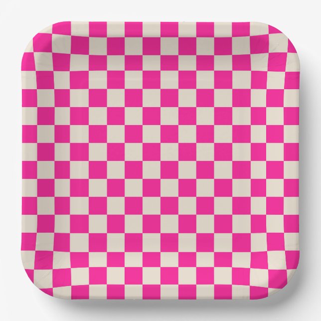 Hot pink and tan chequerboard pattern paper plate (Front)
