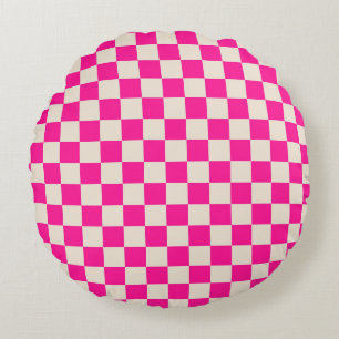 Hot pink and tan chequerboard pattern round cushion