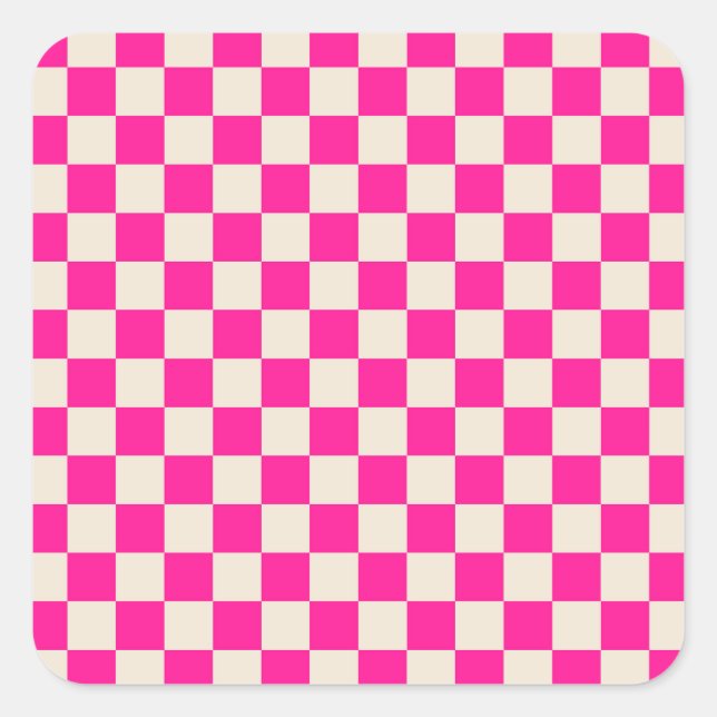 Hot pink and tan chequerboard pattern square sticker (Front)
