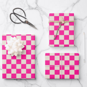 Hot pink and tan chequerboard pattern wrapping paper sheet