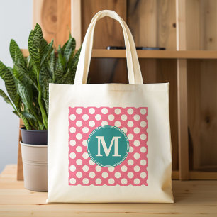 Hot Pink and Teal Polka Dots with Custom Monogram Tote Bag