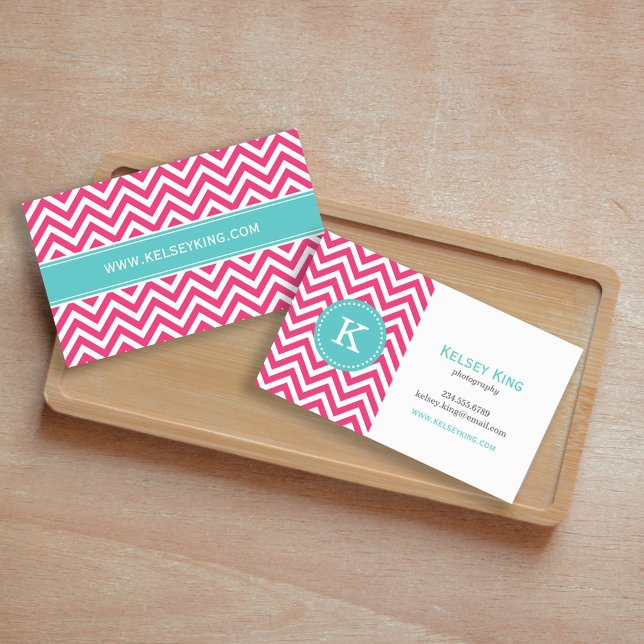 Hot Pink and Turquoise Chevron Monogram Business Card (Creator Uploaded)