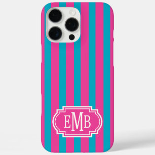 Hot Pink and Turquoise Monogrammed Stripes iPhone 16 Pro Max Case