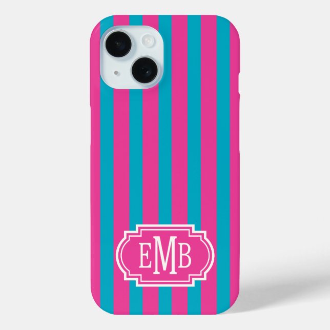 Hot Pink and Turquoise Monogrammed Stripes Case-Mate iPhone Case (Back)