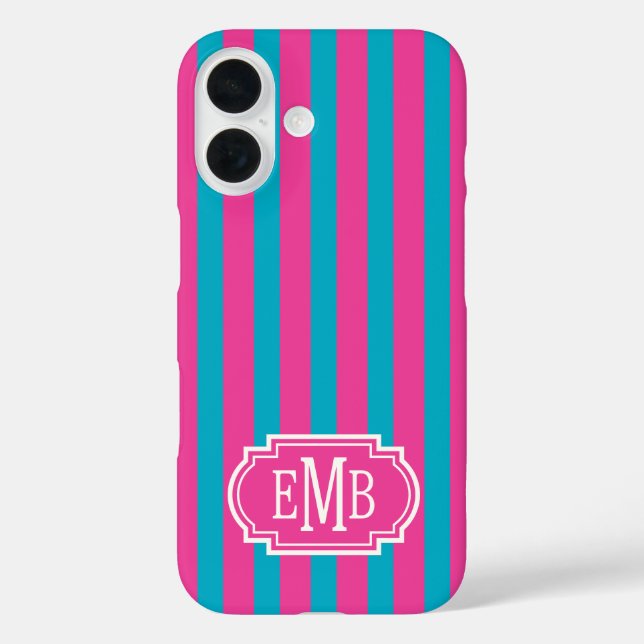 Hot Pink and Turquoise Monogrammed Stripes Case-Mate iPhone Case (Back)