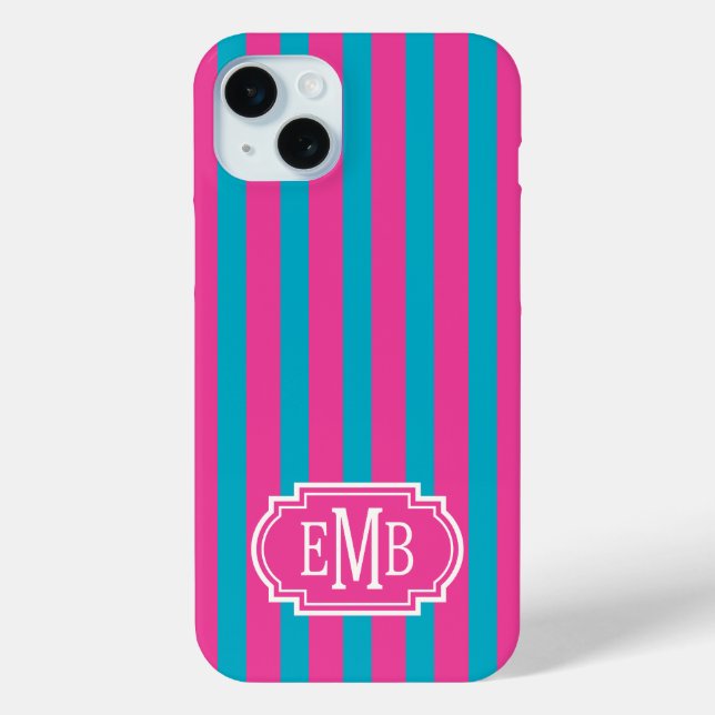 Hot Pink and Turquoise Monogrammed Stripes Case-Mate iPhone Case (Back)