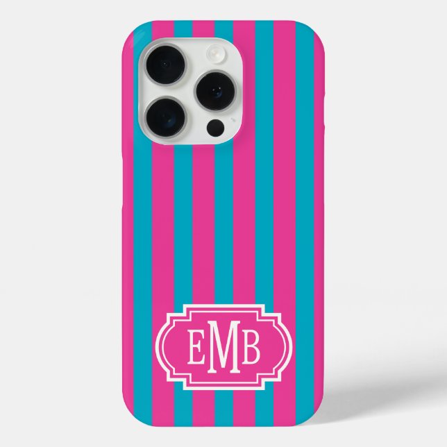 Hot Pink and Turquoise Monogrammed Stripes Case-Mate iPhone Case (Back)