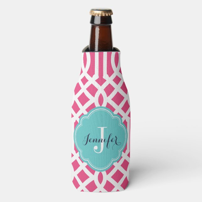 Hot Pink and Turquoise Trellis Monogram Bottle Cooler (Bottle Front)