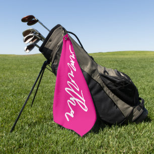 Hot Pink and White Brush Script Golf Towel