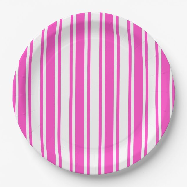 Hot pink and white candy stripes paper plate (Front)