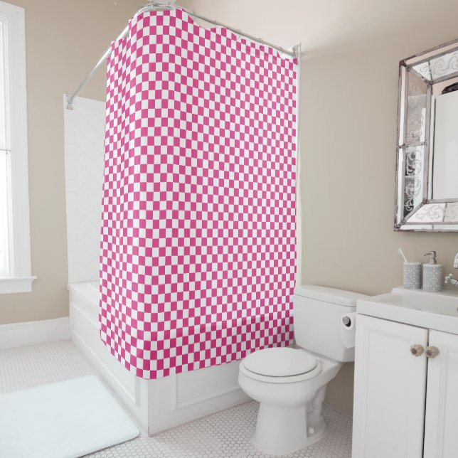 Hot Pink and White Chequerboard Shower Curtain (In Situ)