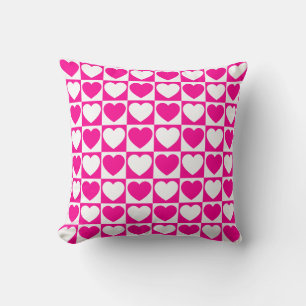 Hot Pink and White Chequered Pattern With Hearts Cushion