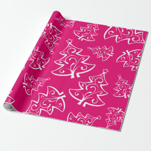 Hot Pink and White Christmas Trees Pattern Wrapping Paper