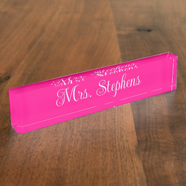 Hot Pink and White Curly Calligraphy Name Nameplate (Side)