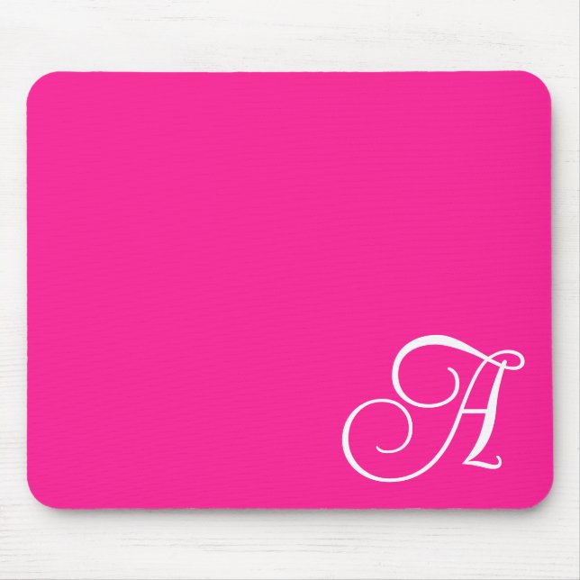 Hot Pink and White Curly Script Monogram Mouse Pad (Front)