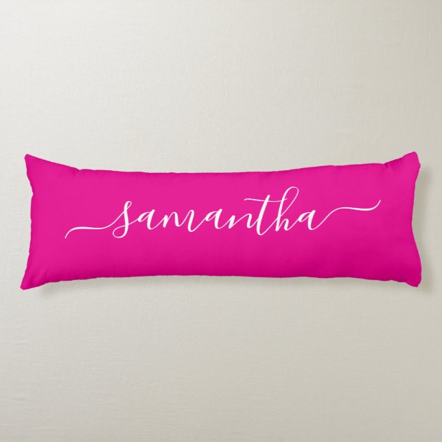 Hot Pink and White Elegant Script Signature Name Body Cushion (Front)