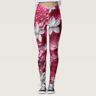 Hot Pink and White Floral Leggings: Bold Elegance  Leggings