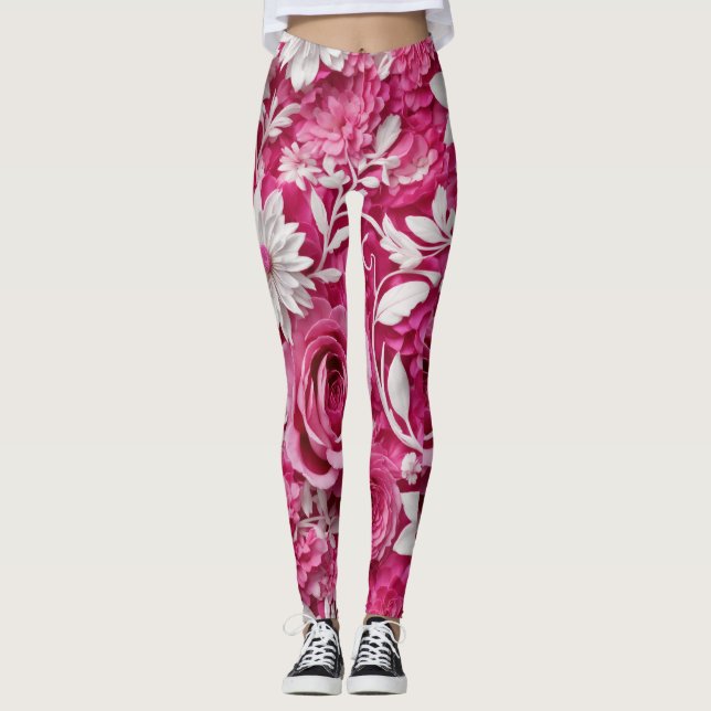 Hot Pink and White Floral Leggings: Bold Elegance  Leggings (Front)