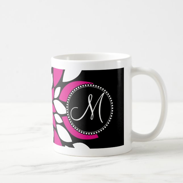 Hot Pink and White Flower Petals Art on Black Coffee Mug (Right)