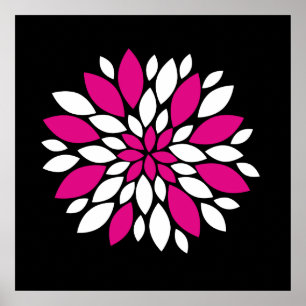 Hot Pink and White Flower Petals Art on Black Poster
