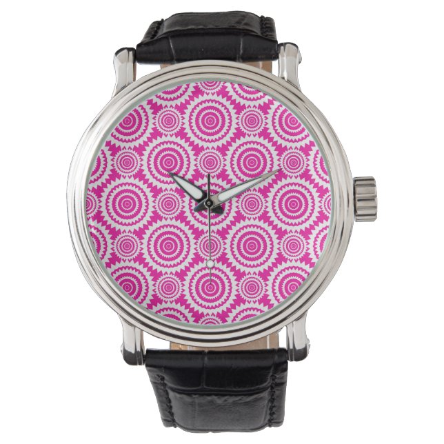 Hot Pink and White Geometric Kaleidoscope Pattern Watch (Front)
