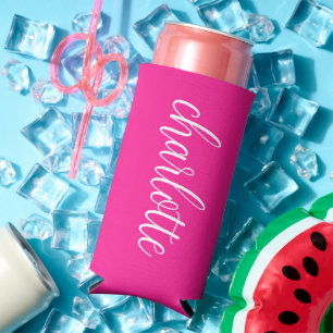 Hot Pink and White Girly Calligraphy Script Seltzer Can Cooler