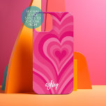 Hot Pink and White Girly Hearts - Script Name iPhone 15 Case<br><div class="desc">Bright Hot Pink and White curvy lines and a heart. A psychedelic pattern with bold stripes and a first name. The modern script with swashes adds a modern touch to this retro design. Add your name or delete the text for a fun feminine cover. If your art still needs to...</div>