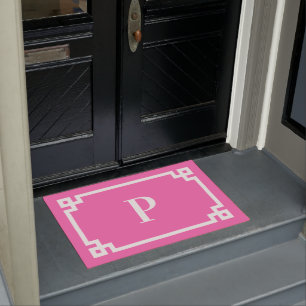 Hot Pink and White Greek Key Frame Monogram Doormat