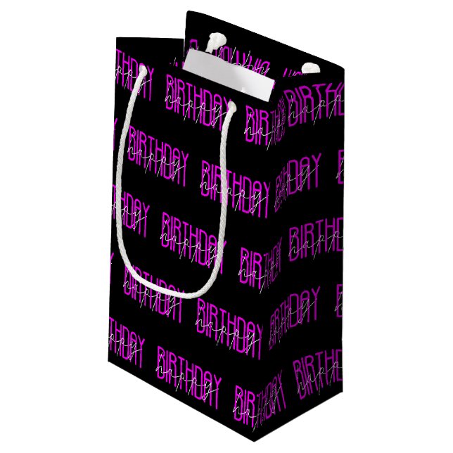 hot pink and white happy birthday design small gift bag (Back Angled)