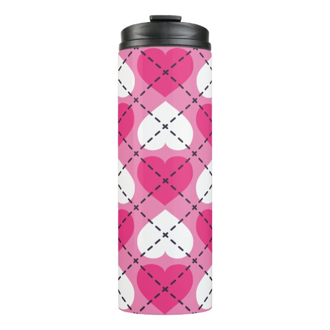 Hot Pink and White Hearts Argyle Thermal Tumbler (Front)