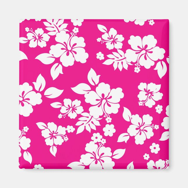 Hot pink and white hibiscus floral pattern magnet (Front)