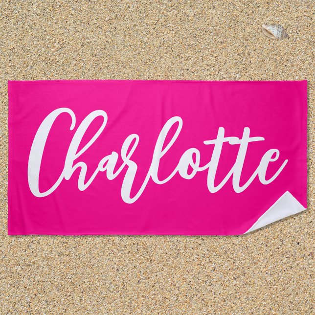 Hot Pink and White Lettering Script Beach Towel (Hot Pink Lettering Script Beach Towel)