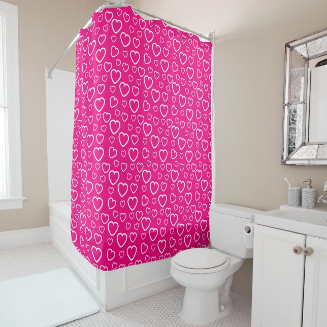 Hot Pink and White Love Hearts Pattern Shower Curtain (In Situ)