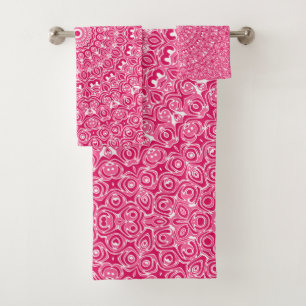 Hot Pink and White Mandala Pattern Bath Towel Set