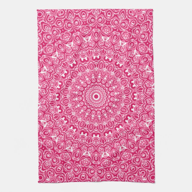 Hot Pink and White Mandala Pattern Tea Towel (Vertical)