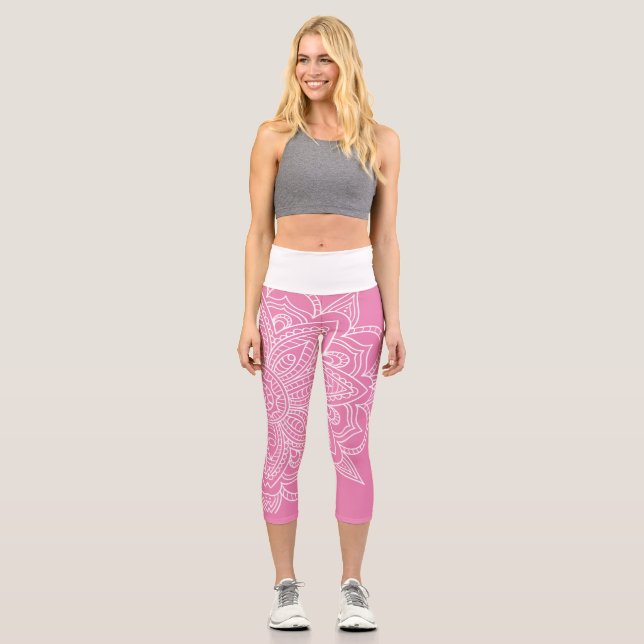 Hot Pink and White Mandala Yoga Capri Leggings (Front)