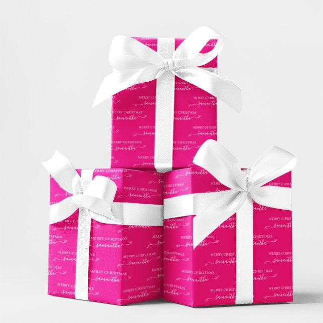 Hot Pink and White Merry Christmas Cute Bow Name Wrapping Paper Sheet (Hot Pink and White Merry Christmas Cute Bow Name Wrapping Paper Sheets)