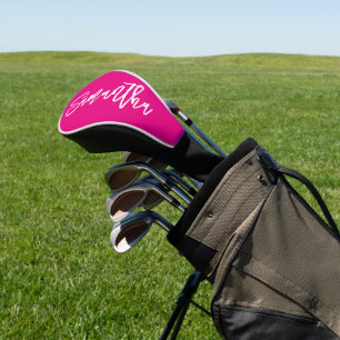 Hot Pink and White Modern Brush Script Golf Head Cover