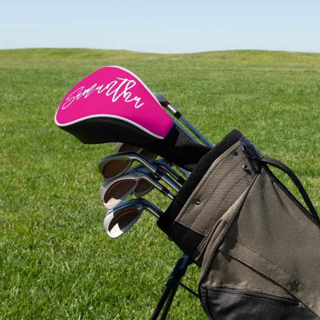 Hot Pink and White Modern Brush Script Golf Head Cover (In Situ)