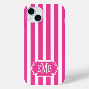 Hot Pink and White Monogrammed Stripes iPhone 15 Mini Case