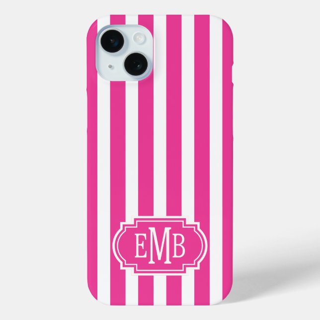 Hot Pink and White Monogrammed Stripes Case-Mate iPhone Case (Back)