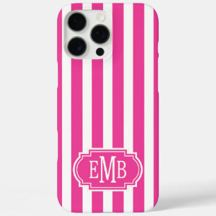Hot Pink and White Monogrammed Stripes  iPhone 16 Pro Max Case