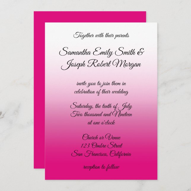 Hot Pink and White Ombre Calligraphy Wedding Invitation (Front/Back)