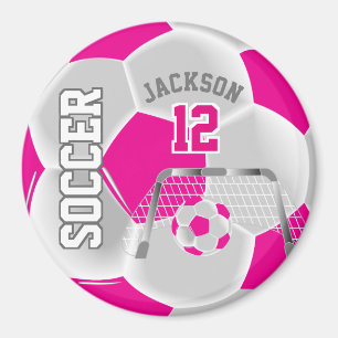 Hot Pink and White Personalise Soccer Ball Magnet