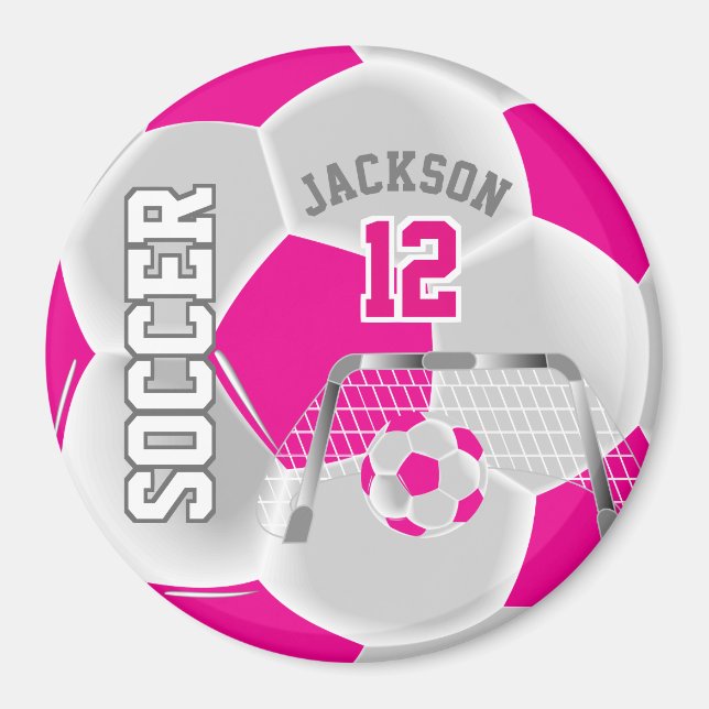 Hot Pink and White Personalise Soccer Ball Magnet (Front)