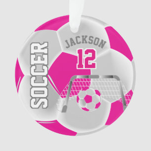 Hot Pink and White Personalise Soccer Ball Ornament
