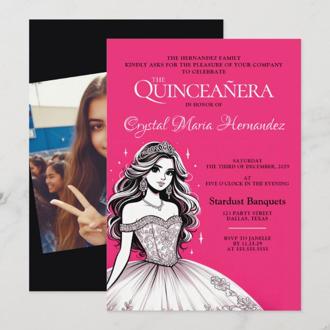 Hot Pink and White Quinceañera Invitation (Front/Back)